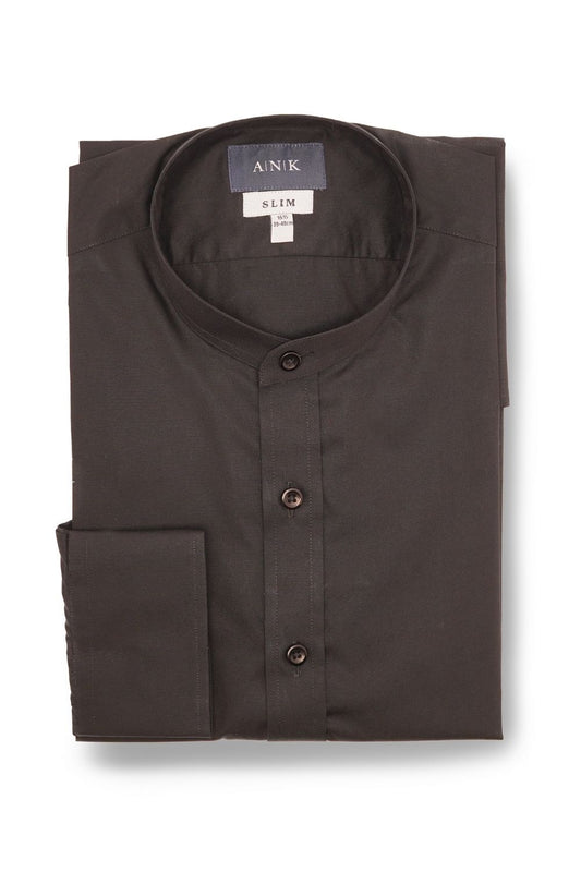 Black Poplin Mandarin Collar Cotton Shirt