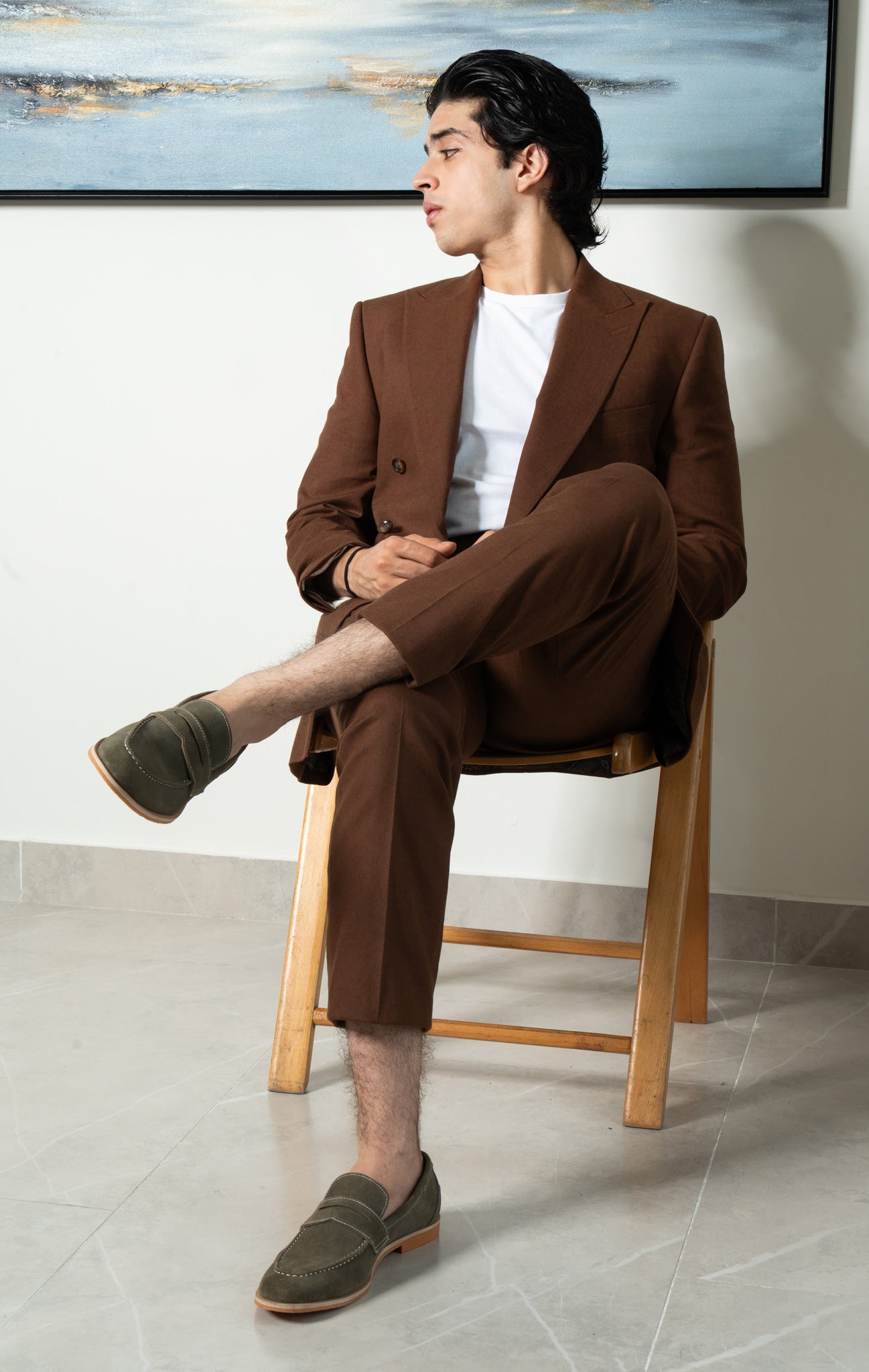 Brown linen double breasted 2-piece suit