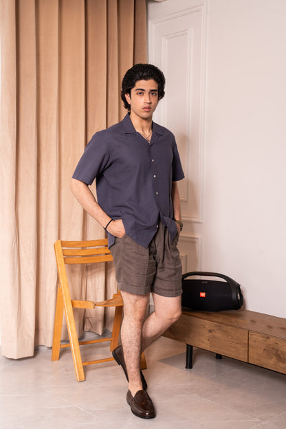 Blue camp collar half sleeves linen shirt