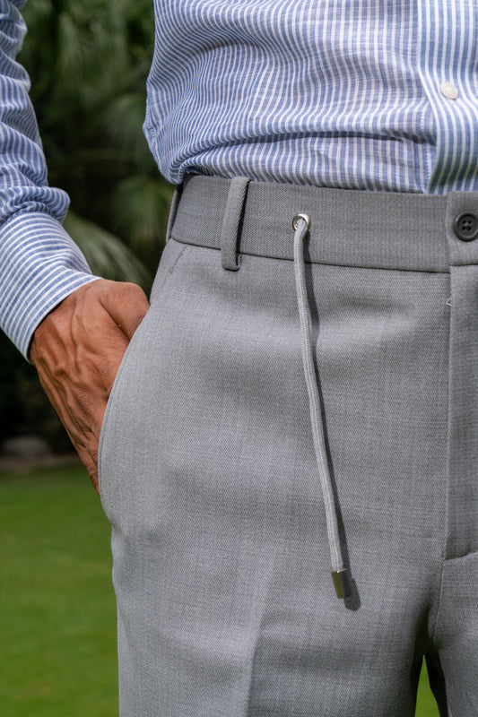 Grey drawstring wool blend casual trousers