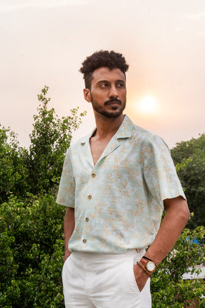 Green printed camp collar half sleeves linen shirt