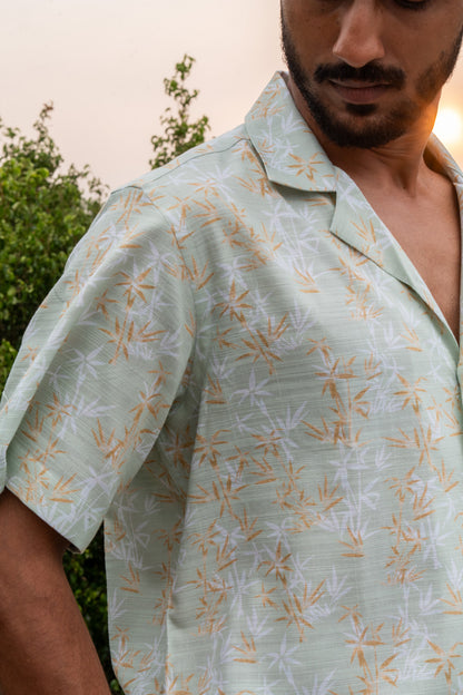 Green printed camp collar half sleeves linen shirt