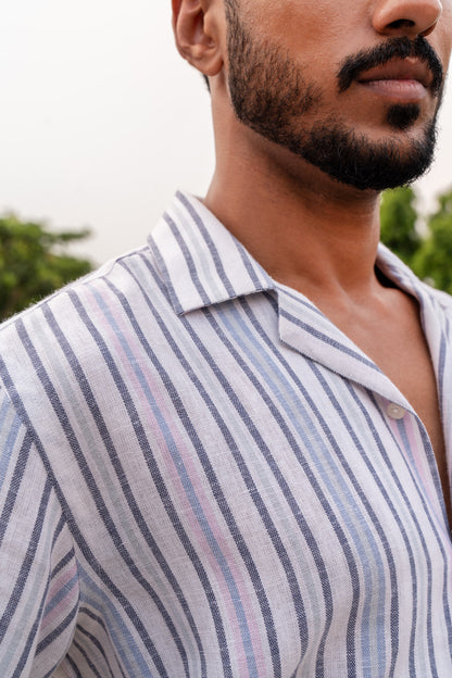 Blue striped camp collar half sleeves linen shirt